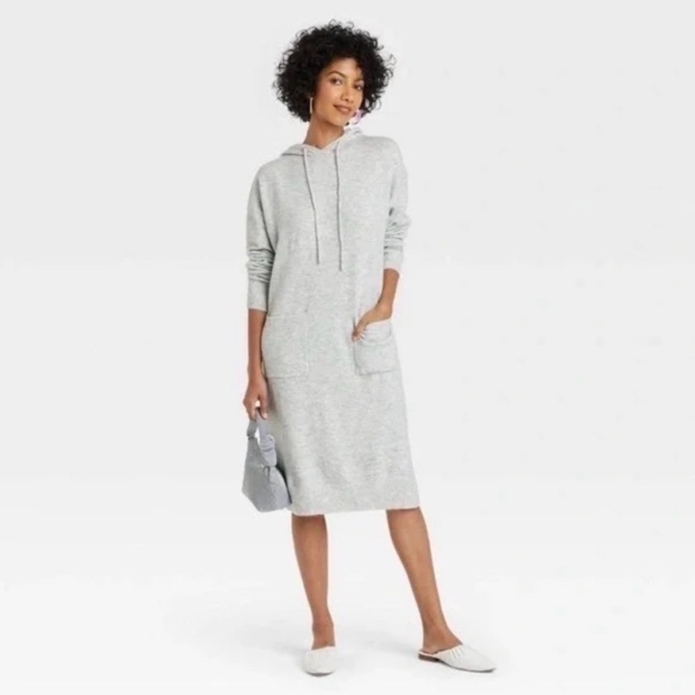 A New Day Women’s Gray Hooded Midi Sweater Dress XS Relaxed Fit with Pockets NWT